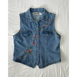 Vintage Bill Blass Blue Jean Flower Embroidered & Sequined Vest Size L 90's Y2K